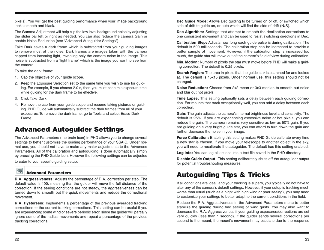 Orion #52098 instruction manual Advanced Autoguider Settings, Autoguiding Tips & Tricks, Advanced Parameters 