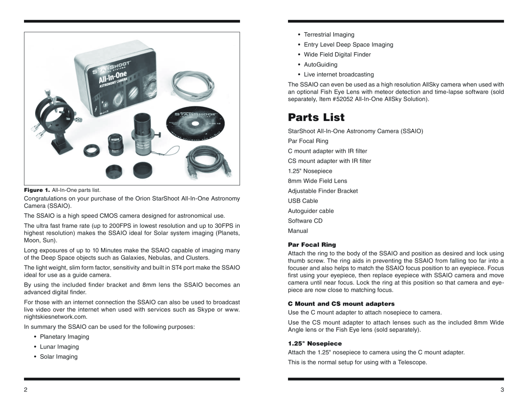 Orion #52098 instruction manual Parts List, Par Focal Ring, C Mount and CS mount adapters, Nosepiece 