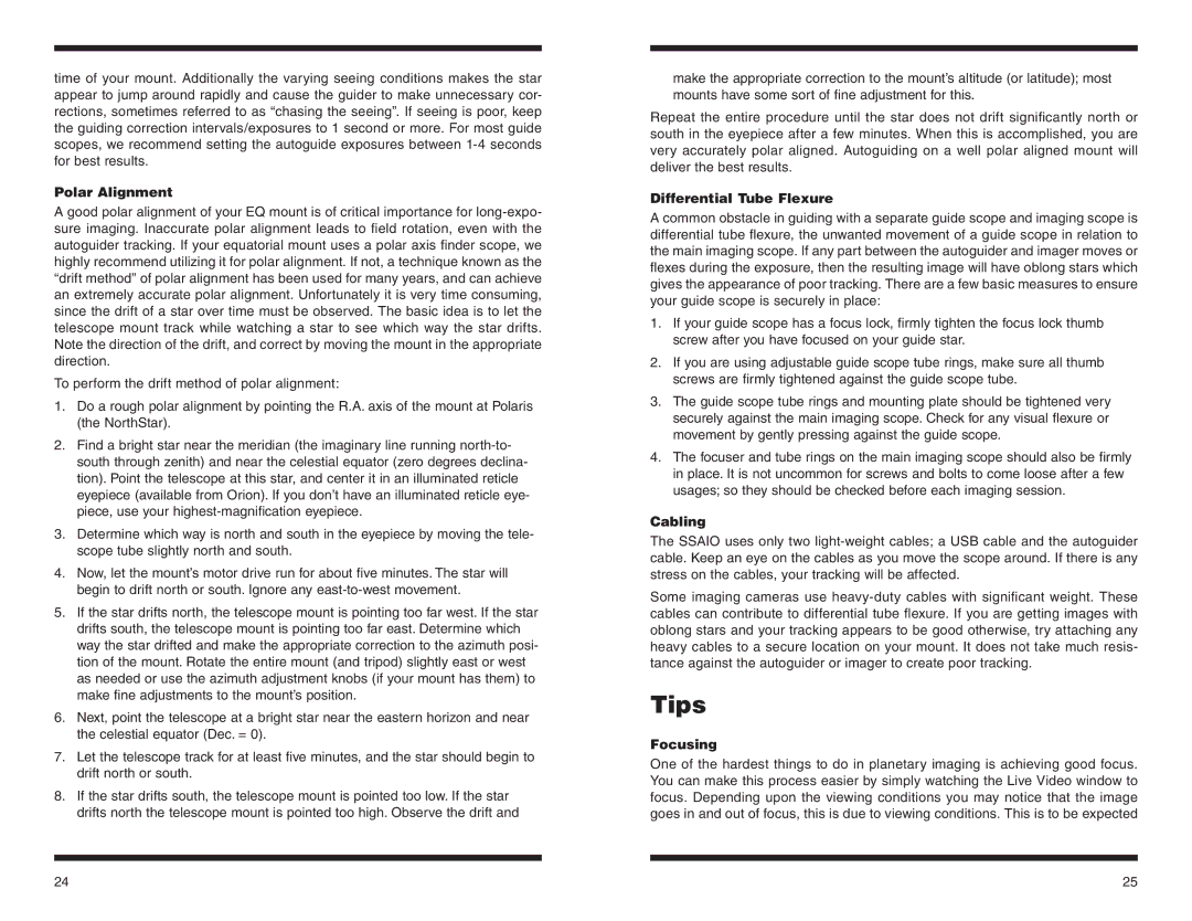 Orion #52098 instruction manual Tips, Polar Alignment, Differential Tube Flexure, Cabling, Focusing 