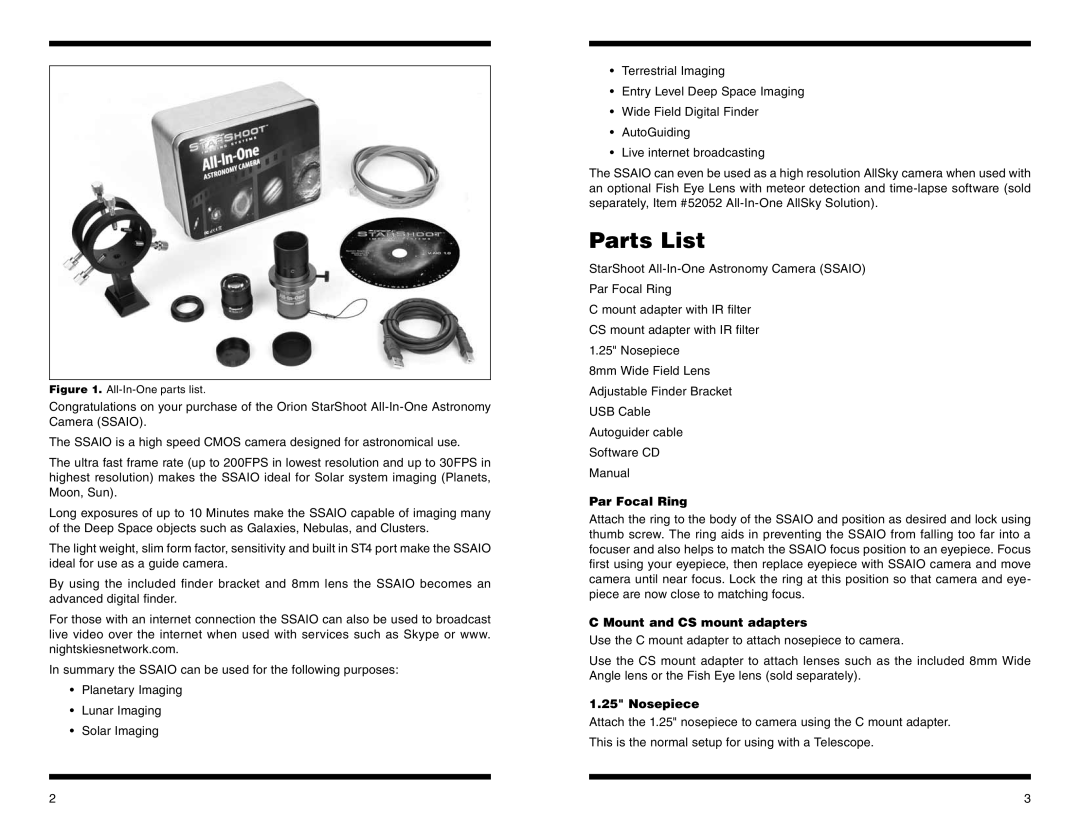 Orion #52098 instruction manual Parts List, Par Focal Ring, Mount and CS mount adapters, Nosepiece 