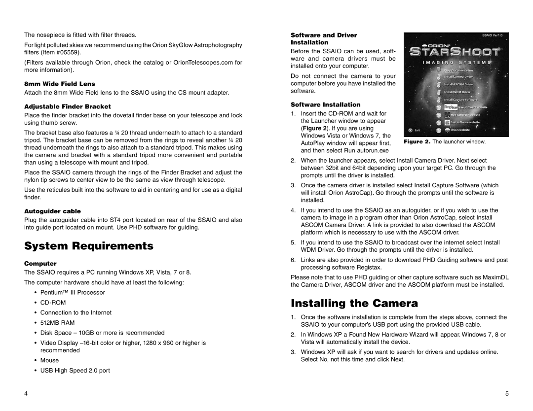 Orion #52098 instruction manual System Requirements, Installing the Camera 