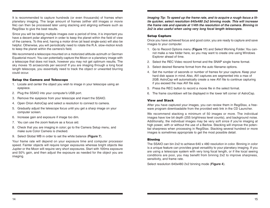 Orion #52098 instruction manual Setup the Camera and Telescope, Setup Capture, View and Stack, Binning 