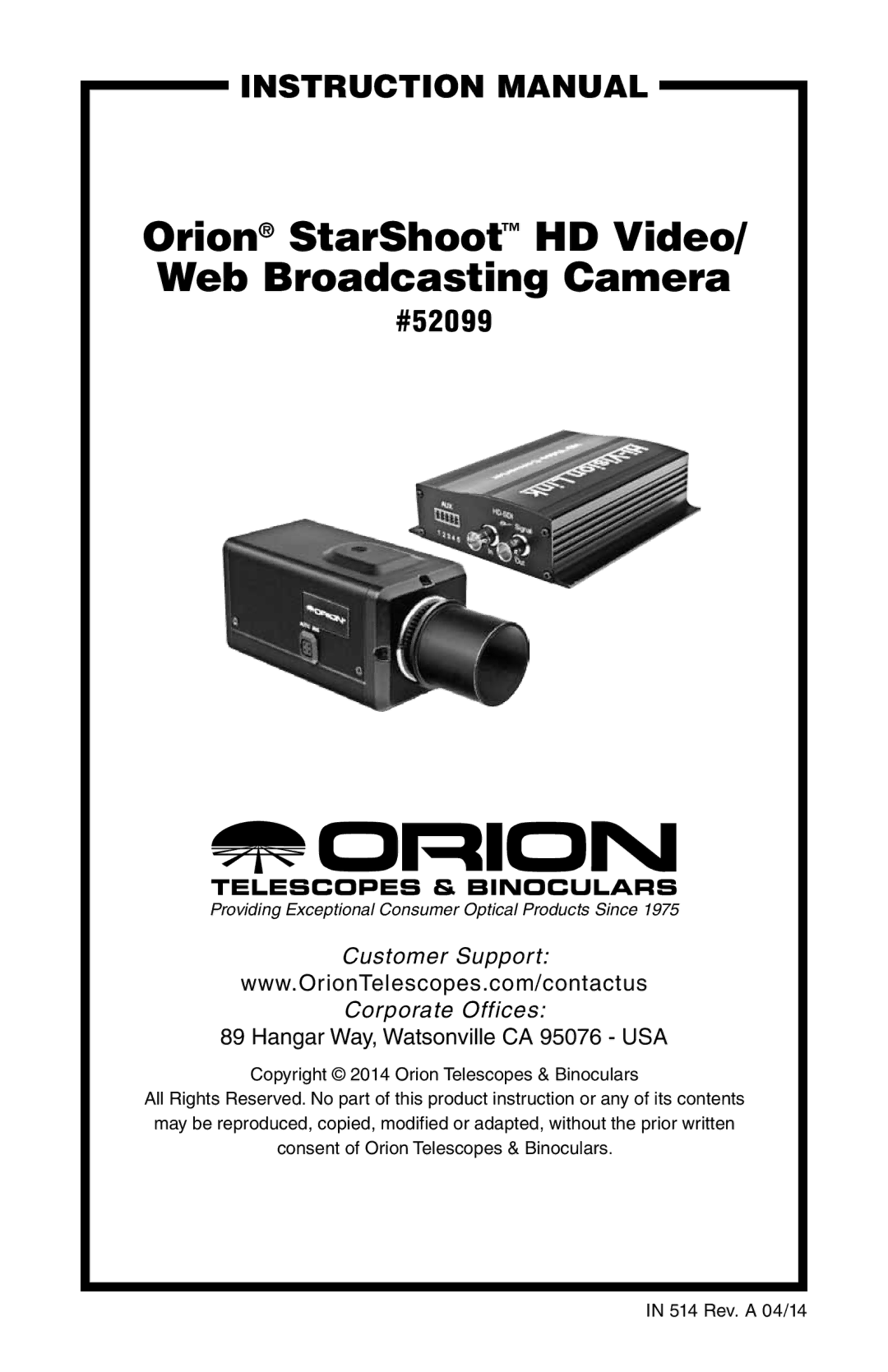 Orion #52099 instruction manual Orion StarShoot HD Video/ Web Broadcasting Camera 