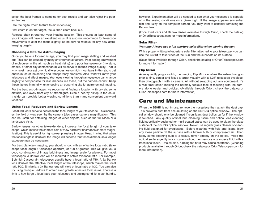 Orion 52099 Care and Maintenance, Choosing a Site for Astro-imaging, Using Focal Reducers and Barlow Lenses, Solar Filter 