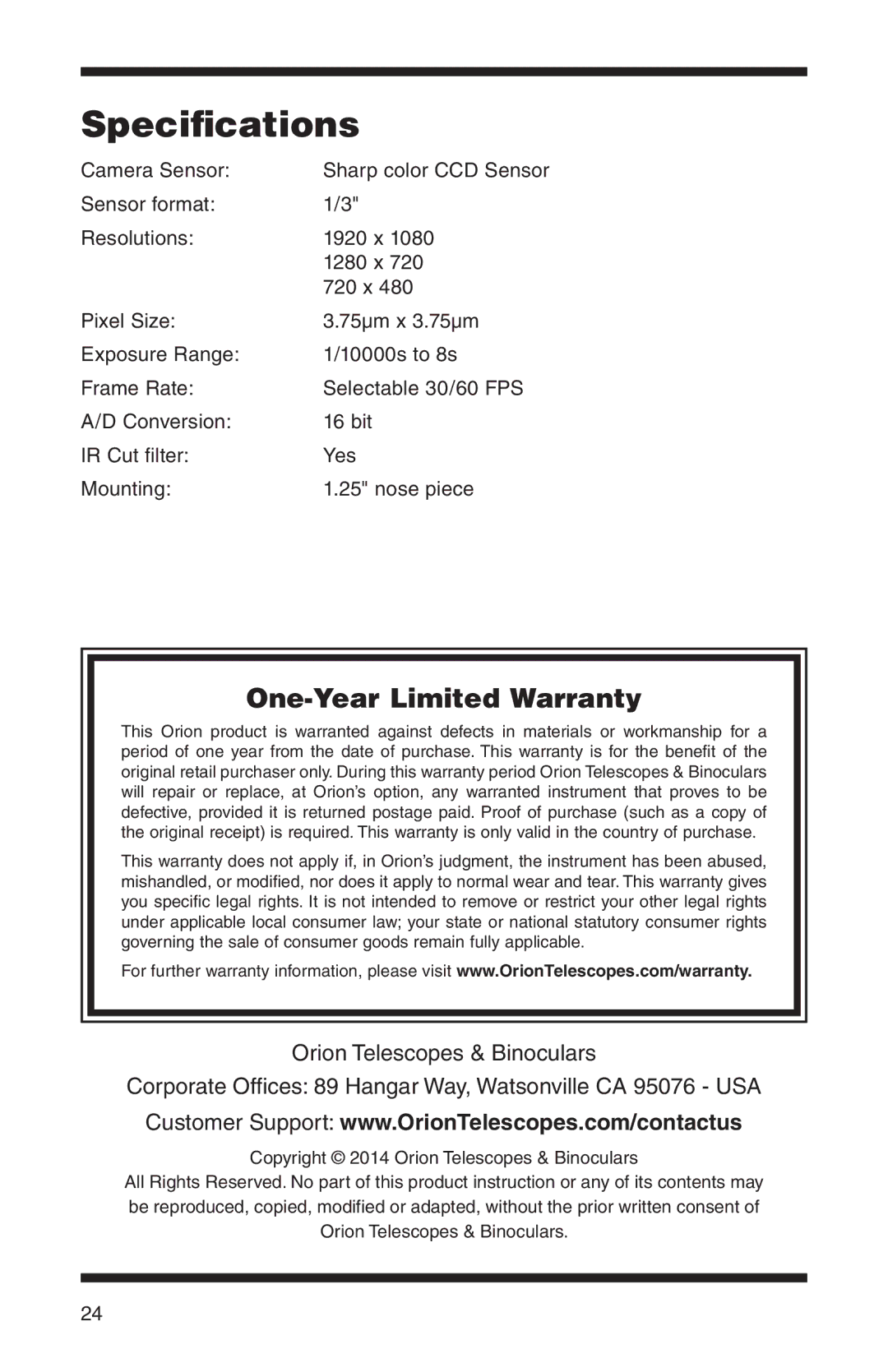 Orion #52099 instruction manual Specifications, One-Year Limited Warranty 