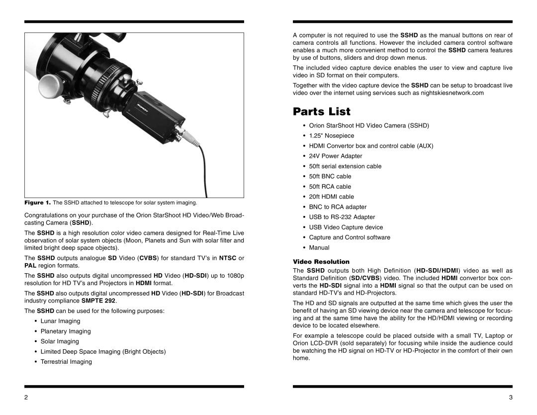 Orion #52099 instruction manual Parts List, Video Resolution 