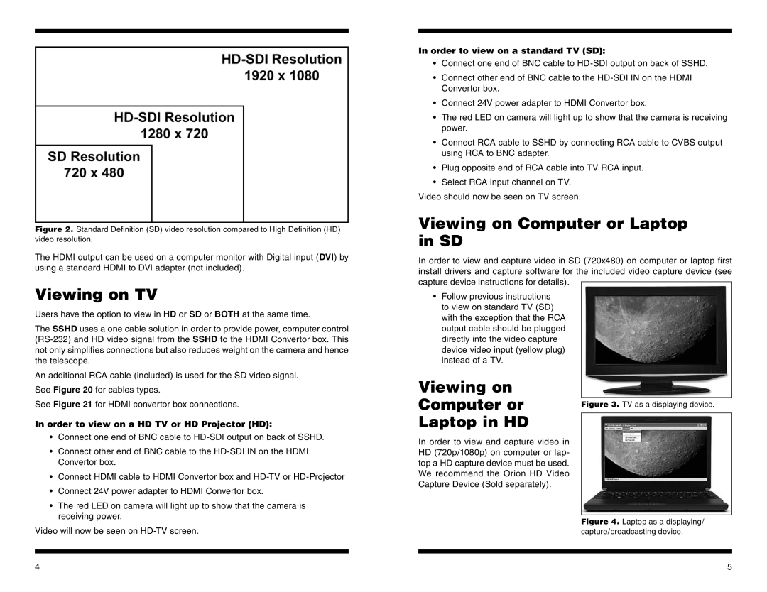 Orion #52099 instruction manual Viewing on TV, Viewing on Computer or Laptop in SD, Viewing on Computer or Laptop in HD 