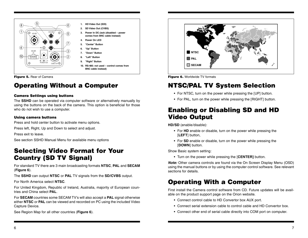 Orion #52099 Operating Without a Computer, Selecting Video Format for Your Country SD TV Signal, Operating With a Computer 