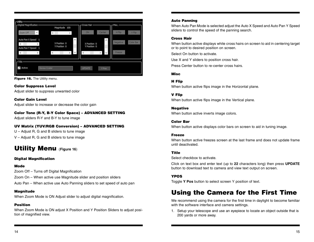 Orion #52099 instruction manual Utility Menu Figure, Using the Camera for the First Time 