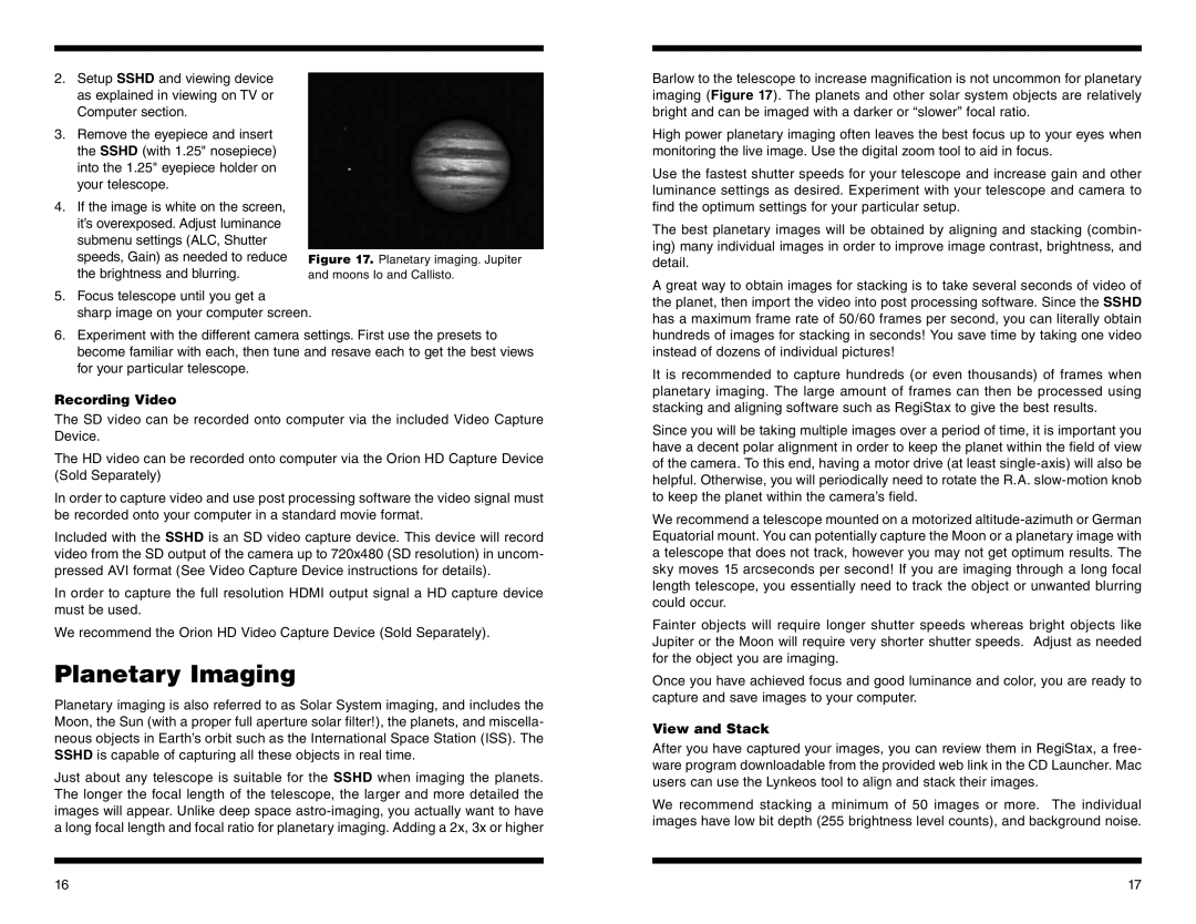 Orion #52099 instruction manual Planetary Imaging, Recording Video, View and Stack 