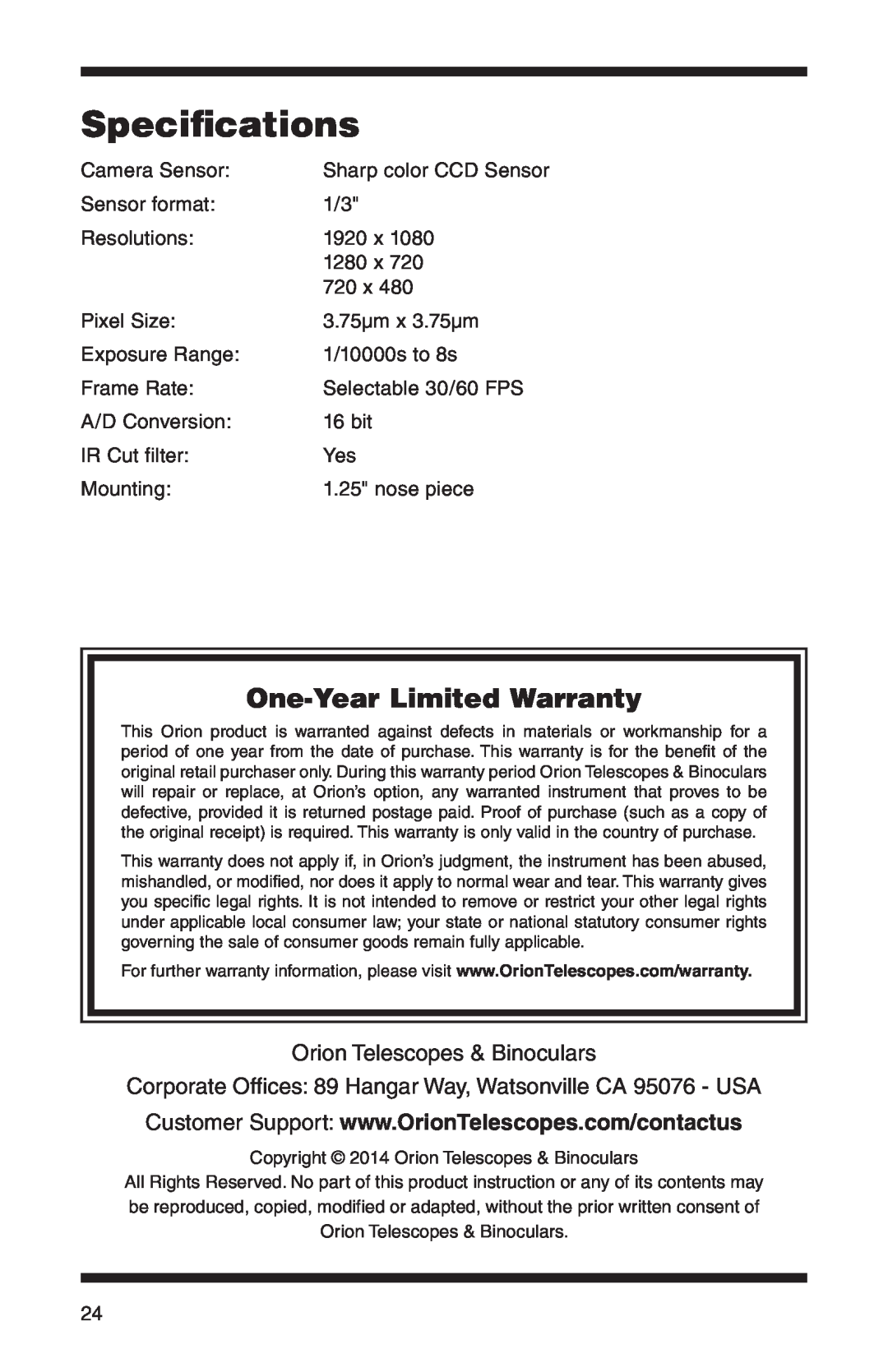 Orion 52099 Specifications, Orion Telescopes & Binoculars, Corporate Offices 89 Hangar Way, Watsonville CA 95076 - USA 