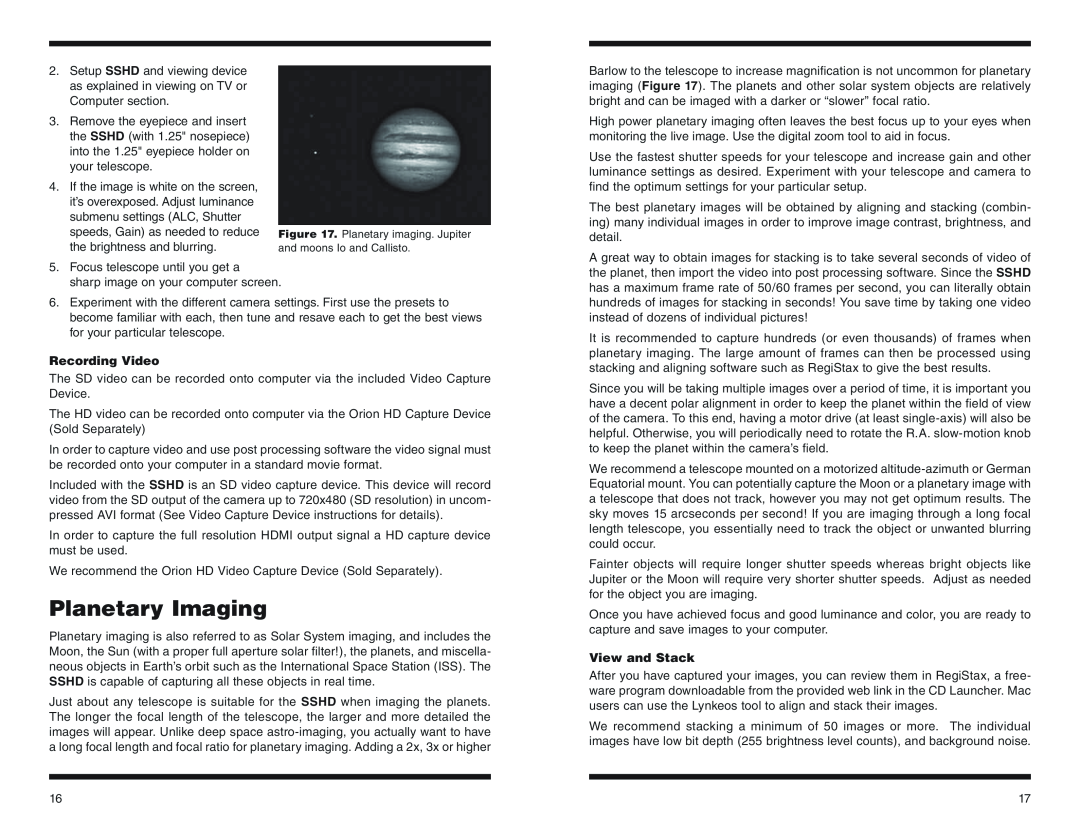 Orion #52099 instruction manual Planetary Imaging, Recording Video, View and Stack 