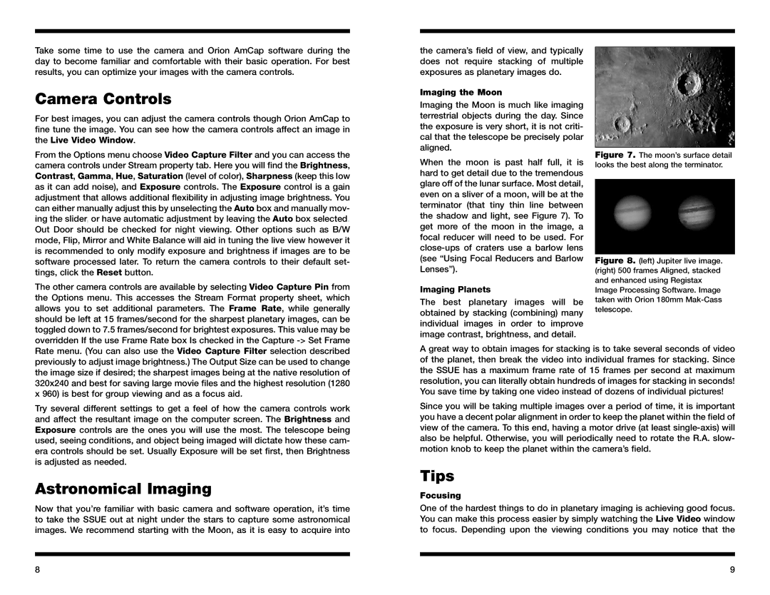 Orion 52173 instruction manual Camera Controls, Astronomical Imaging, Tips 