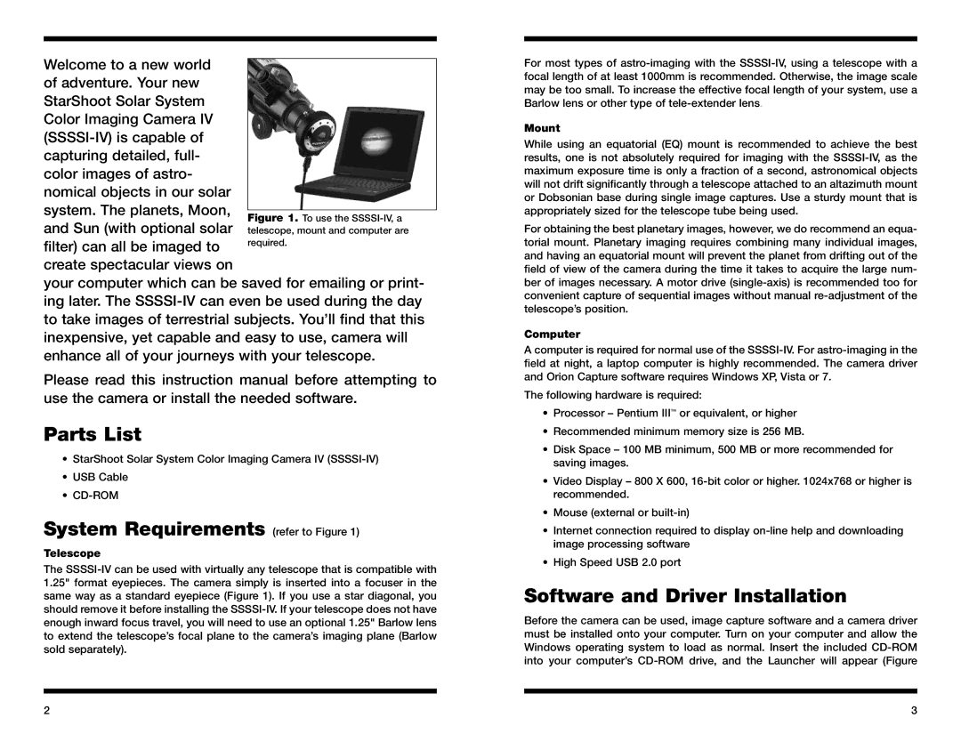 Orion 52175 instruction manual Parts List, System Requirements refer to Figure, Software and Driver Installation 