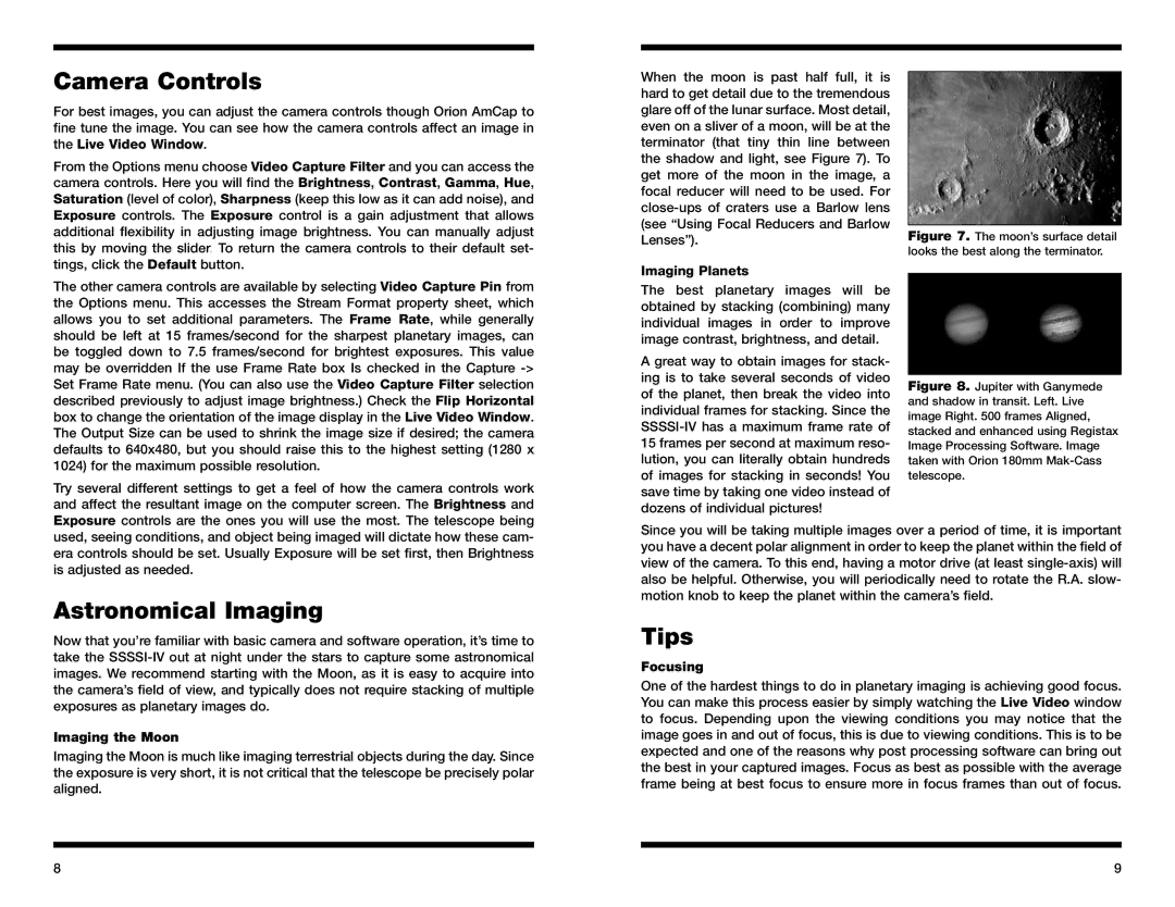 Orion 52175 instruction manual Camera Controls, Astronomical Imaging, Tips 