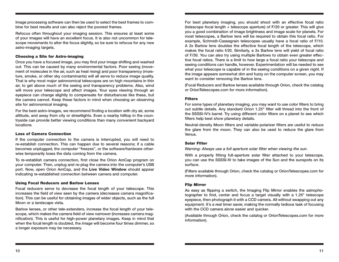 Orion 52175 Choosing a Site for Astro-imaging, Loss of Camera Connection, Using Focal Reducers and Barlow Lenses, Filters 
