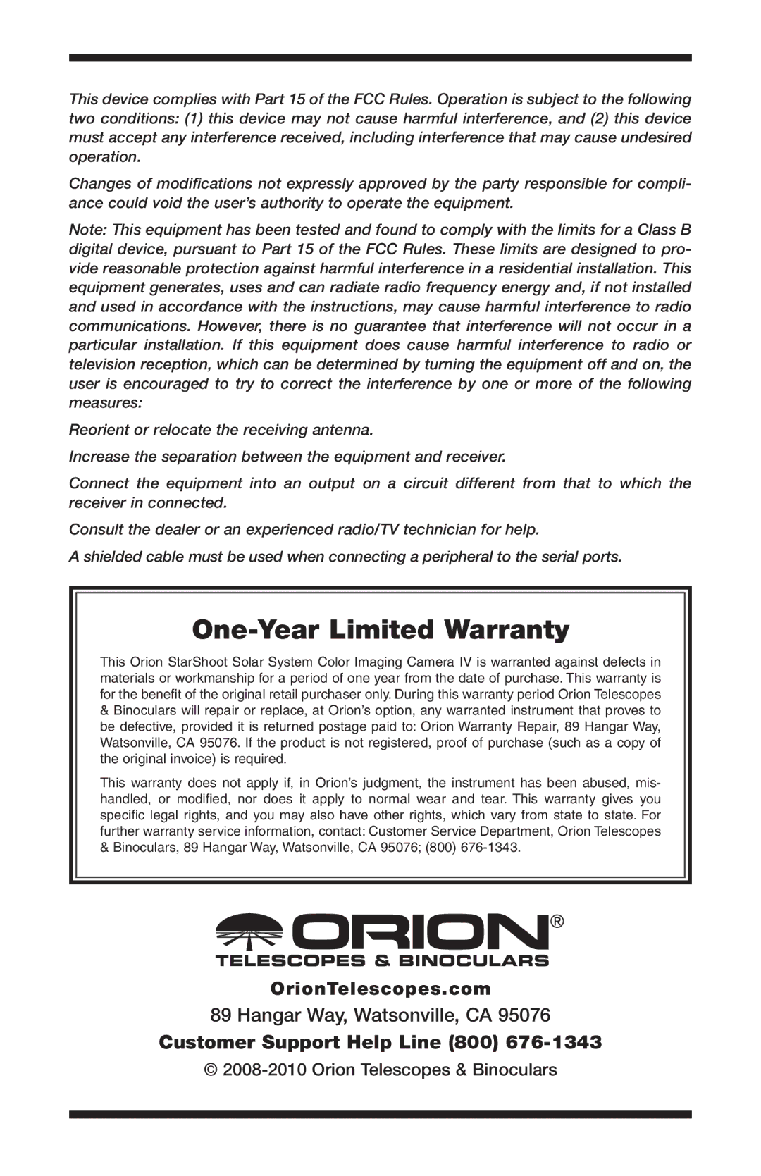 Orion 52175 instruction manual One-Year Limited Warranty 