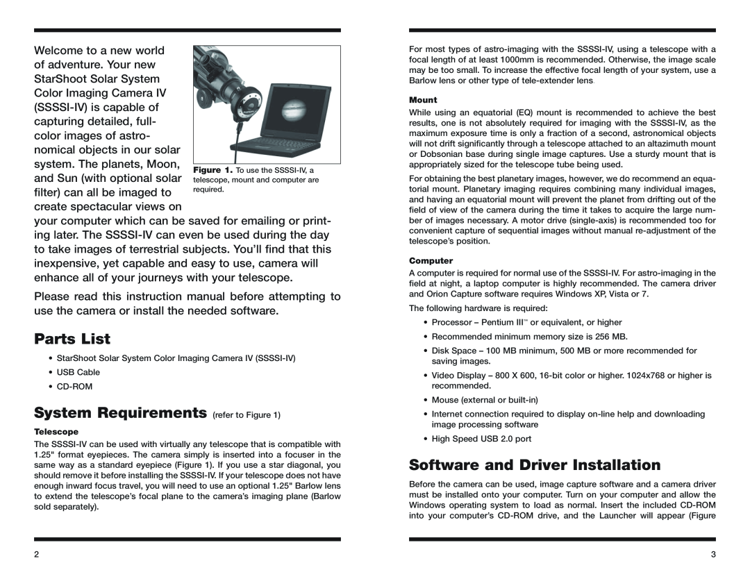 Orion 52175 instruction manual Parts List, System Requirements refer to Figure, Software and Driver Installation 