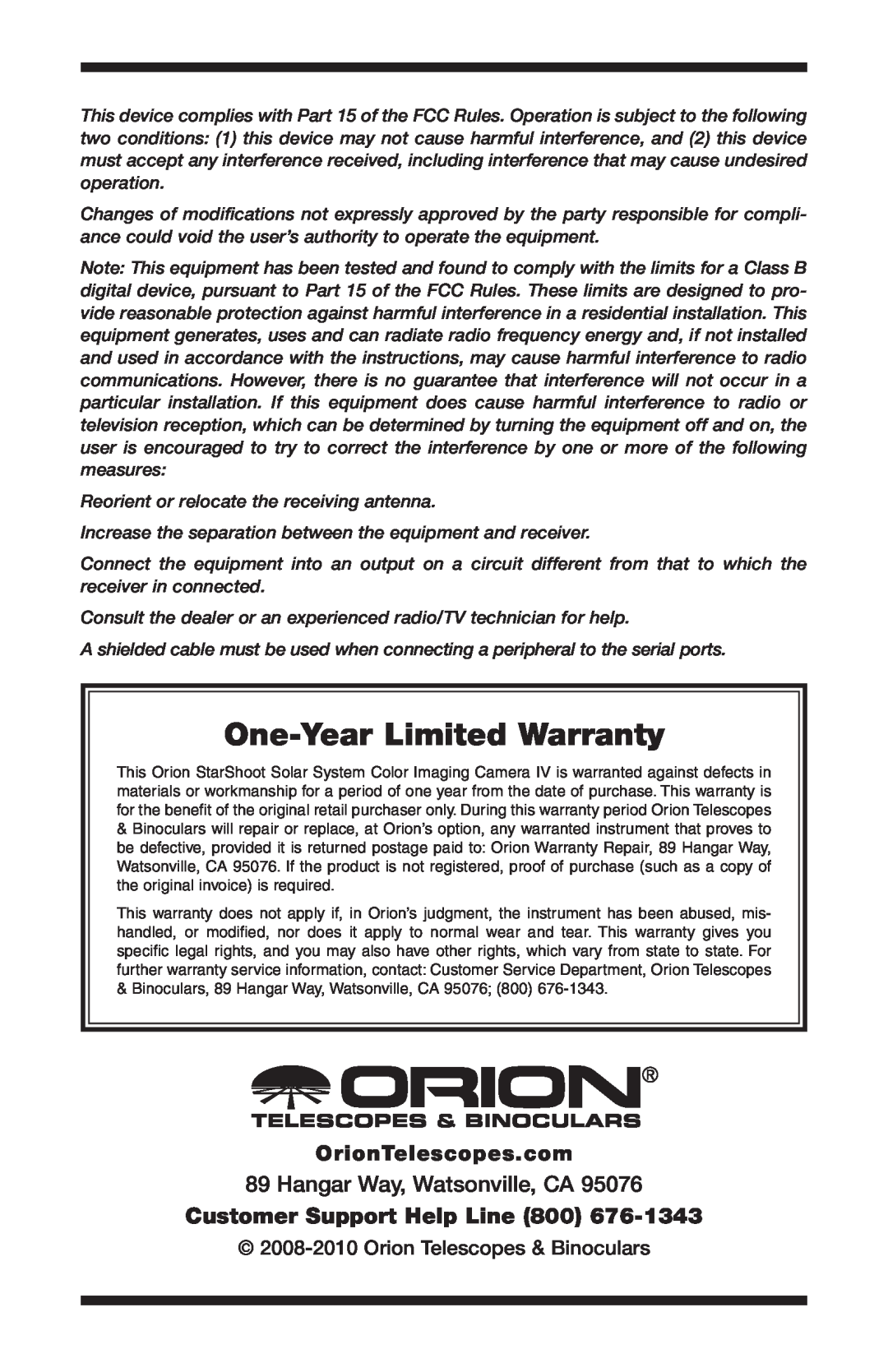 Orion 52175 One-Year Limited Warranty, OrionTelescopes.com, Hangar Way, Watsonville, CA, Customer Support Help Line 800 
