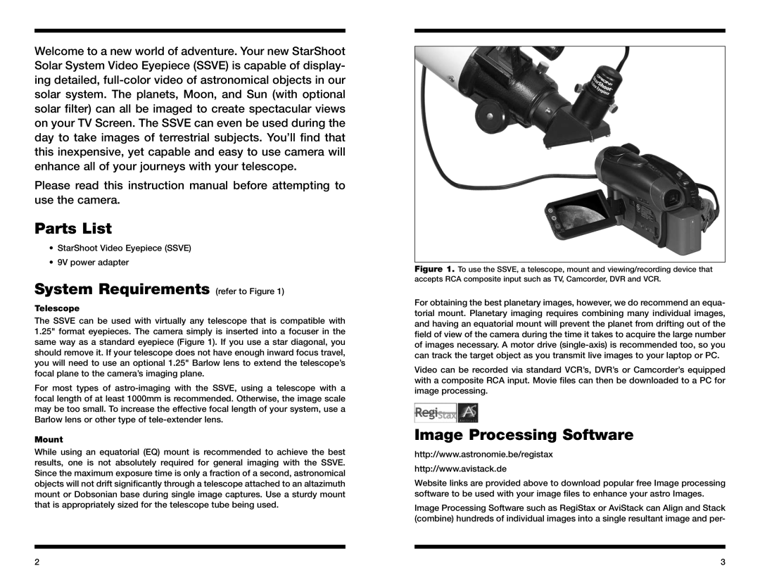 Orion 52176, 52174 Parts List, System Requirements refer to Figure, Image Processing Software, Telescope, Mount 