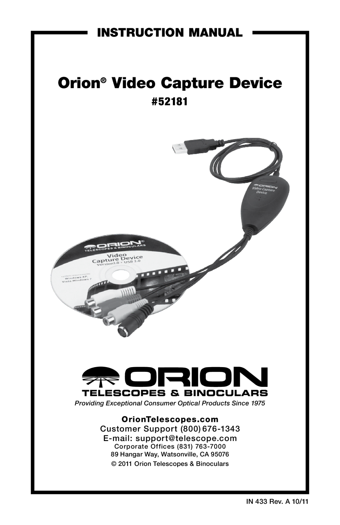 Orion 52181 instruction manual Orion Video Capture Device 