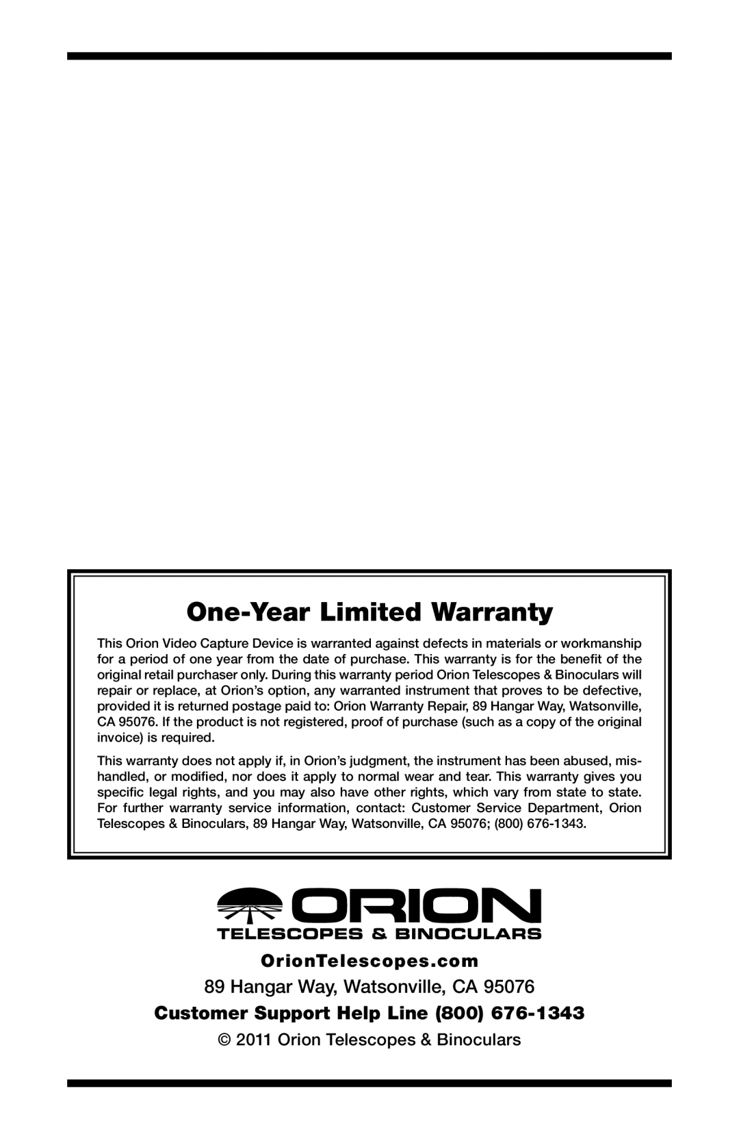 Orion 52181 instruction manual One-Year Limited Warranty 