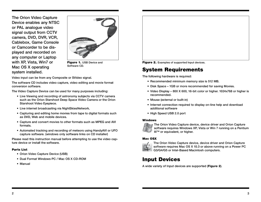 Orion 52181 instruction manual System Requirements, Input Devices, Parts List, Windows, Mac OSX 