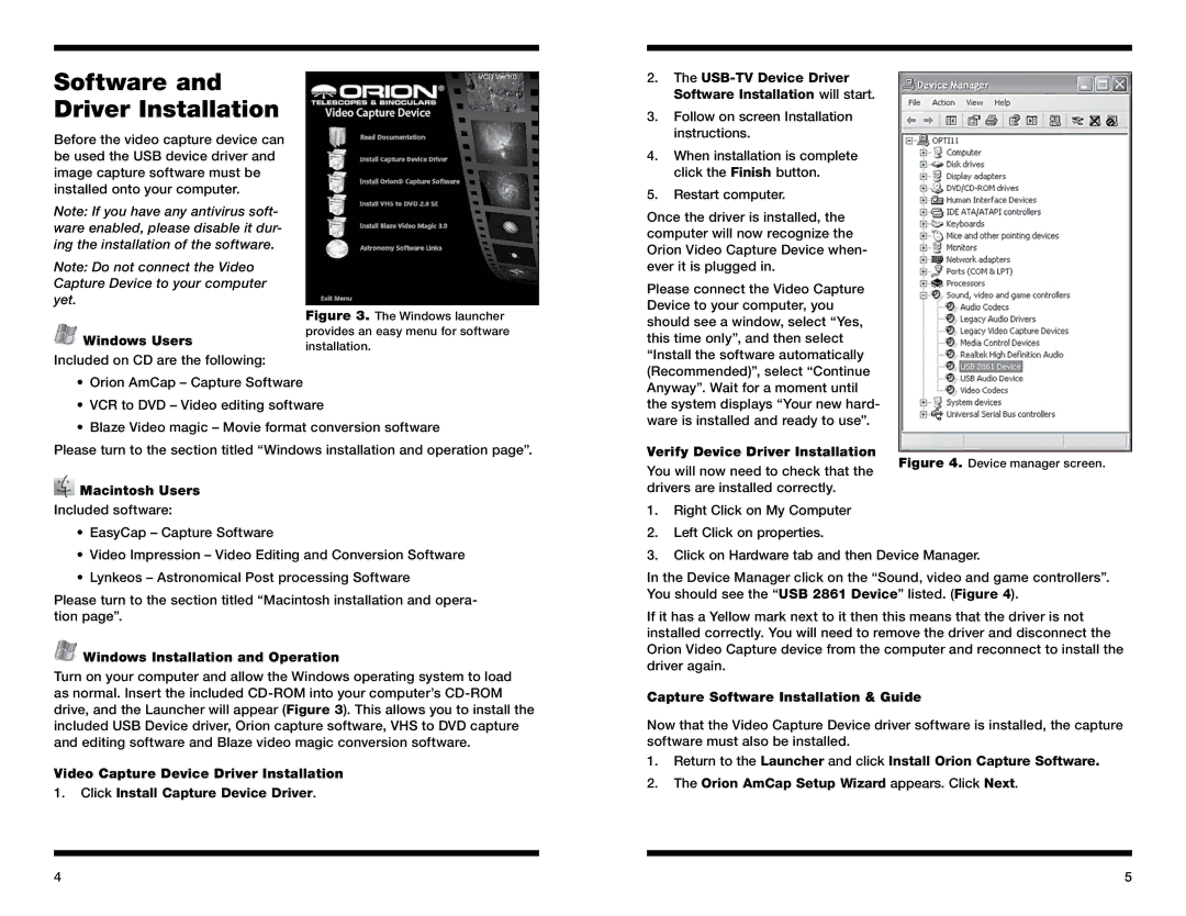 Orion 52181 instruction manual Software and Driver Installation 