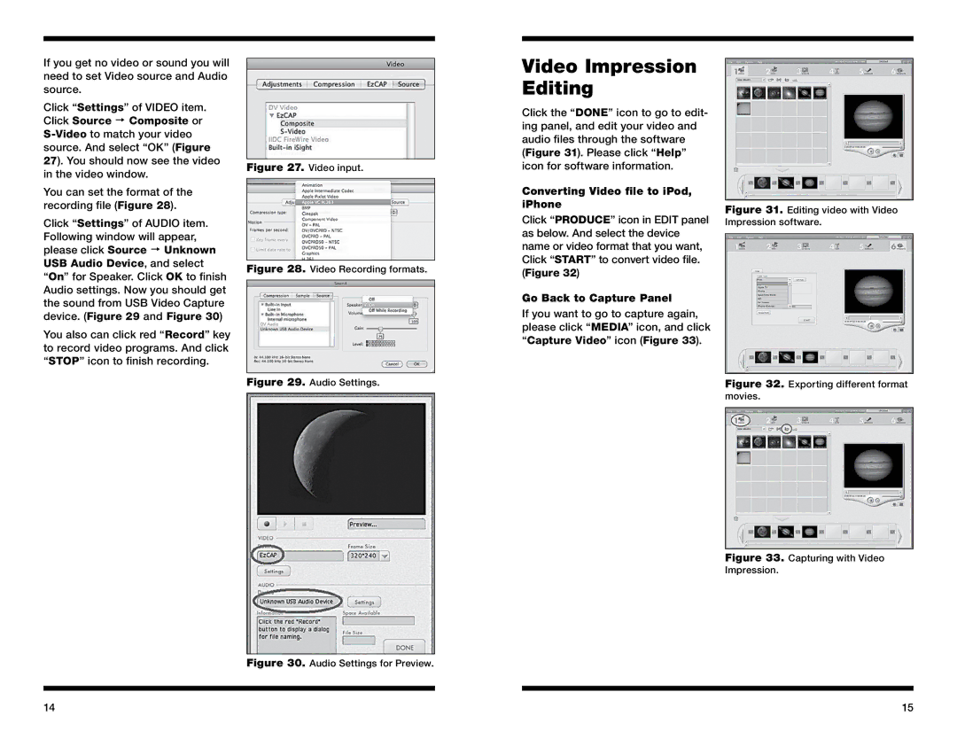 Orion 52181 instruction manual Video Impression Editing, Converting Video file to iPod, iPhone, Go Back to Capture Panel 