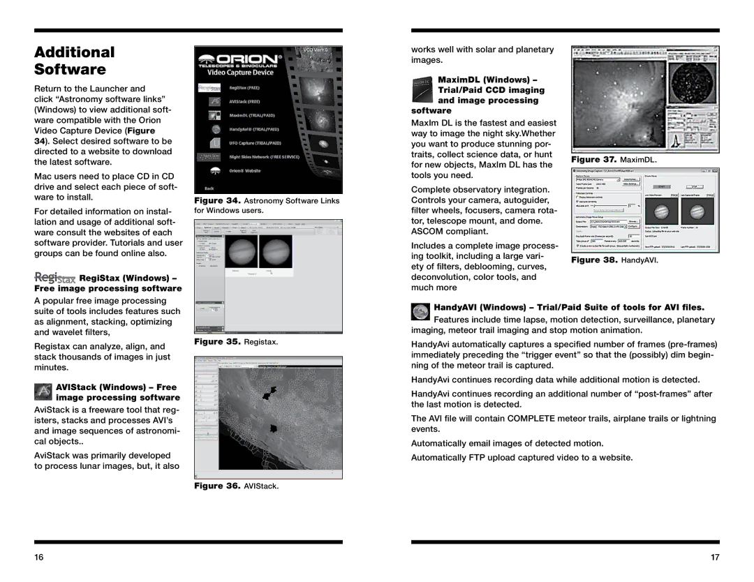 Orion 52181 instruction manual Additional Software, RegiStax Windows Free image processing software 