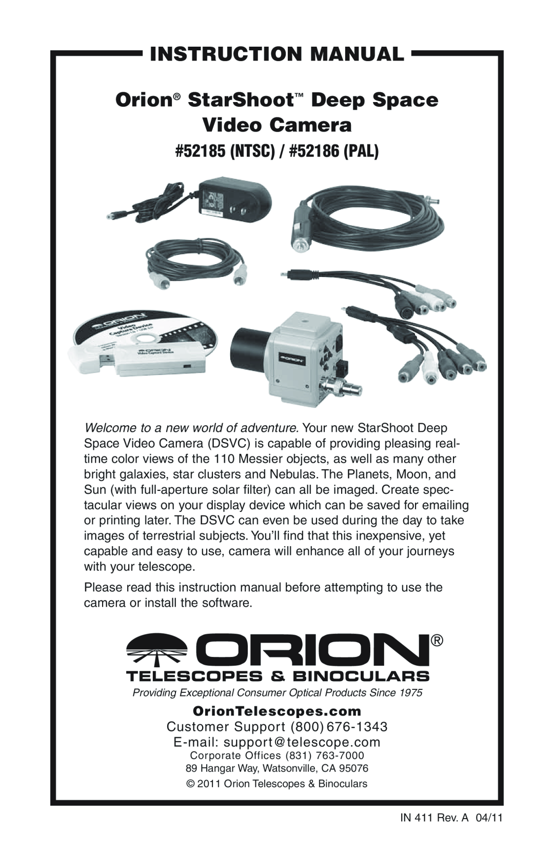 Orion instruction manual #52185 NTSC / #52186 PAL, Video Camera 