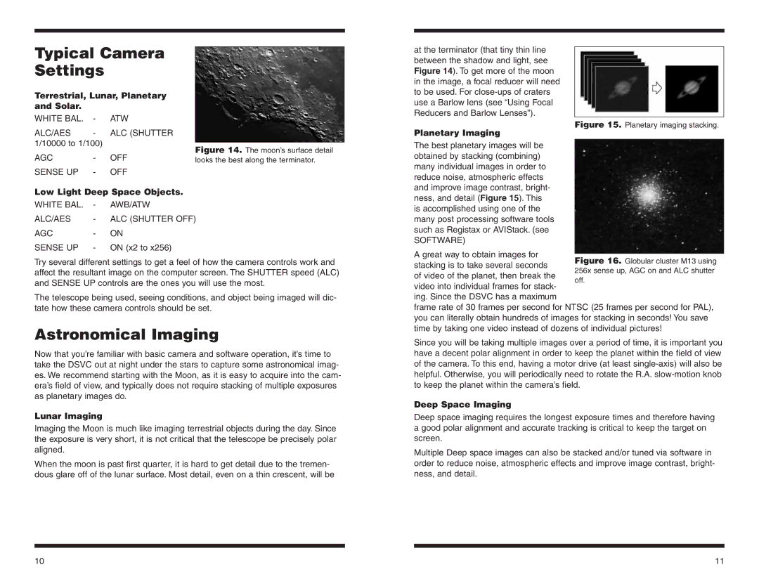 Orion 52186, 52185 instruction manual Typical Camera Settings, Astronomical Imaging 