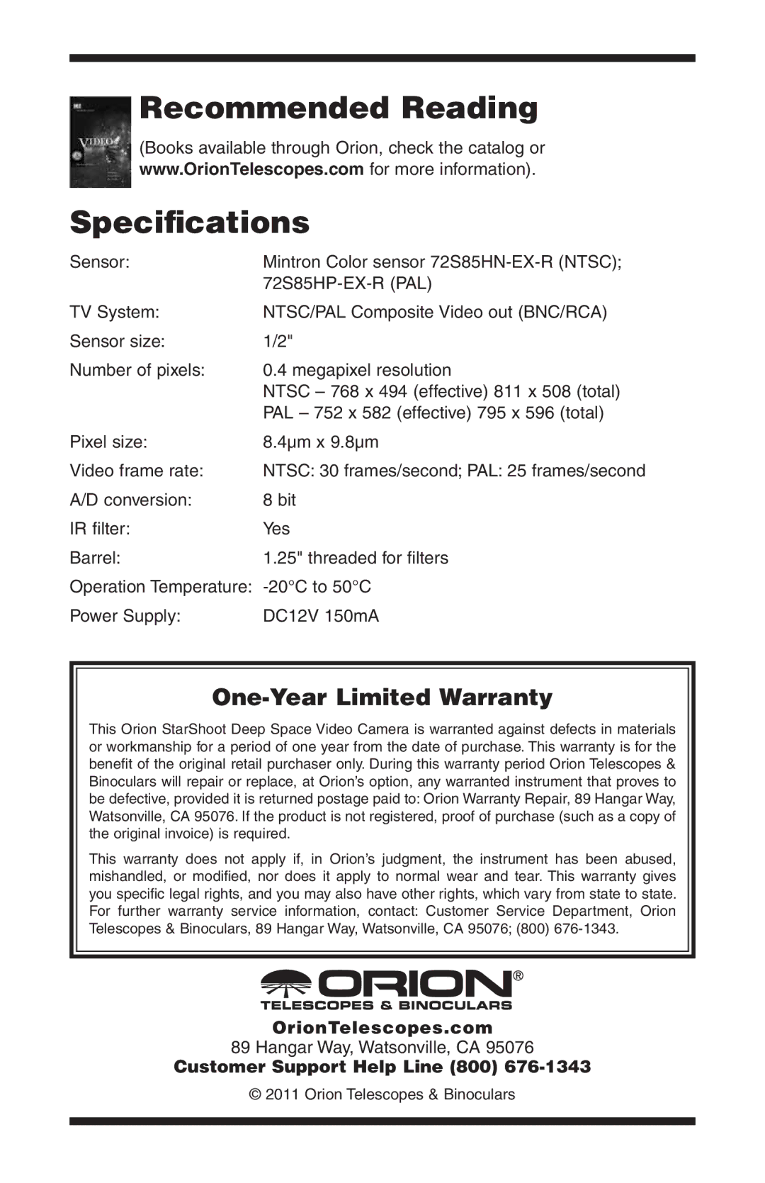 Orion 52185, 52186 Recommended Reading Specifications, OrionTelescopes.com, Customer Support Help Line 800 