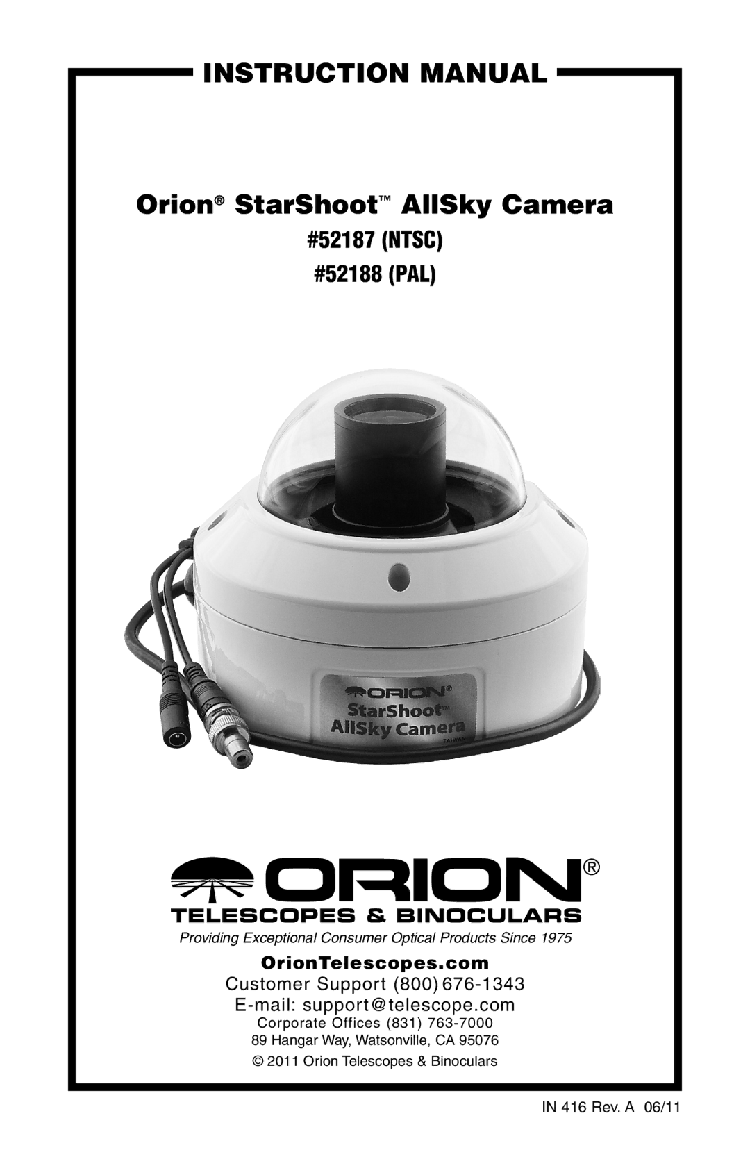 Orion 52188, 52187 instruction manual Orion StarShoot AllSky Camera, Customer Support 800 Mail support@telescope.com 