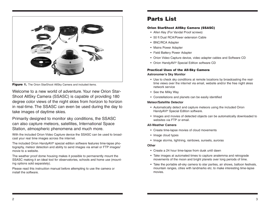 Orion 52187, 52188 Parts List, Orion StarShoot AllSky Camera Ssasc, Meteor/Satellite Detector, All-Weather Camera, Other 