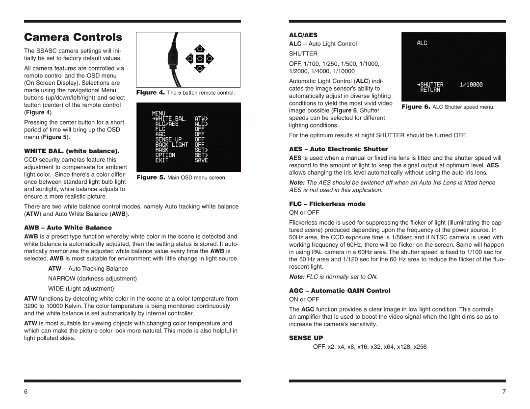 Orion 52187, 52188 instruction manual Camera Controls, Alc/Aes, Sense UP 