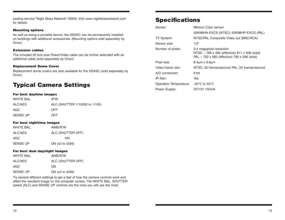 Orion 52188, 52187 instruction manual Typical Camera Settings, Specifications 