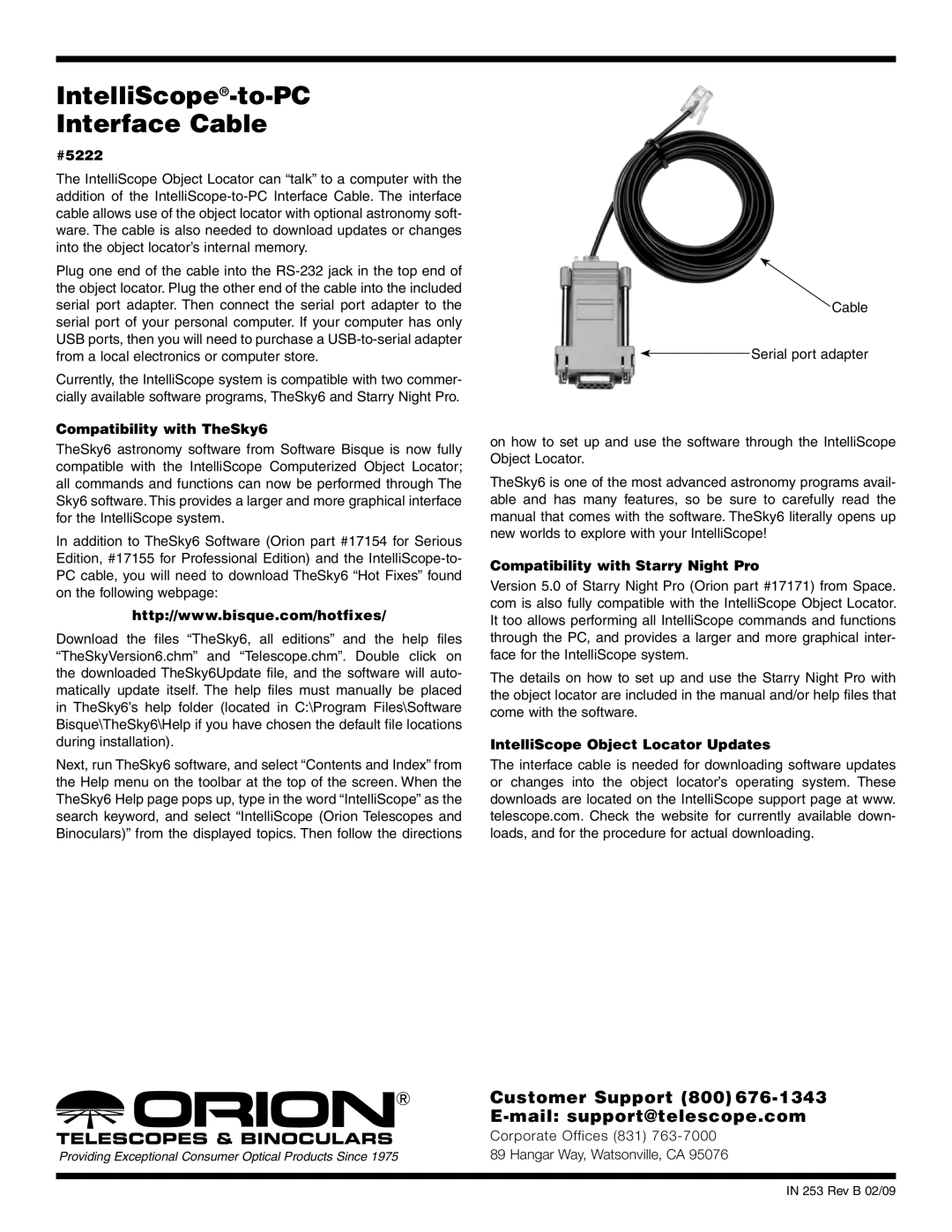 Orion 5222 manual IntelliScope-to-PC Interface Cable, Customer Support 800 Mail support@telescope.com 