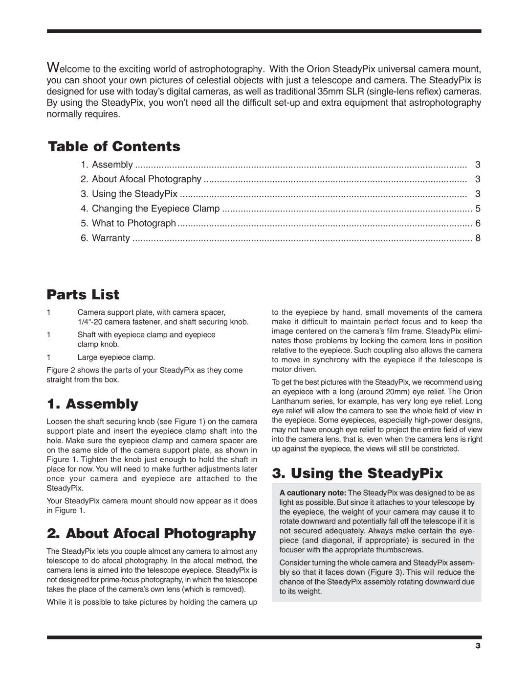 Orion 5228 instruction manual Table of Contents, Parts List, Assembly, About Afocal Photography, Using the SteadyPix 