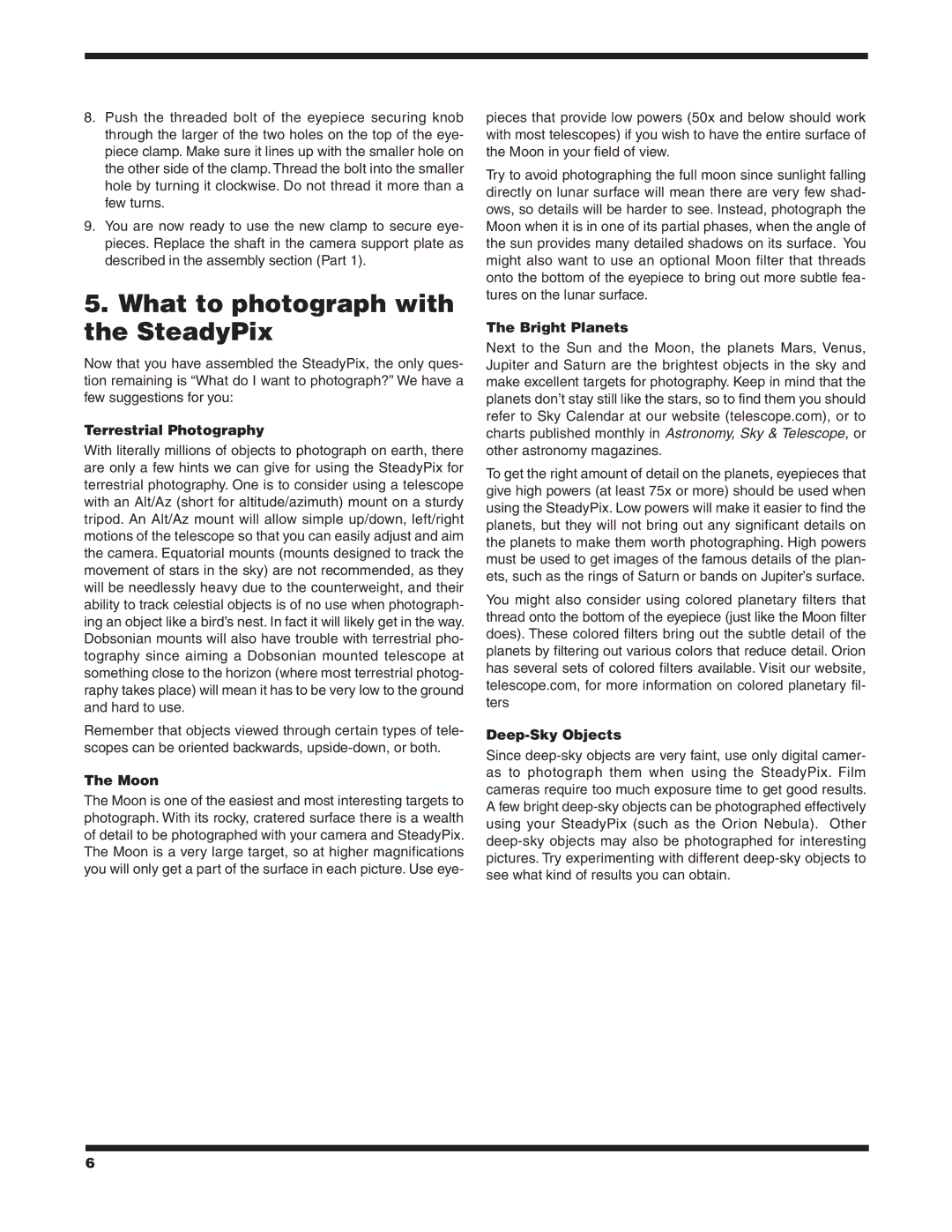 Orion 5228 instruction manual What to photograph with the SteadyPix, Terrestrial Photography 