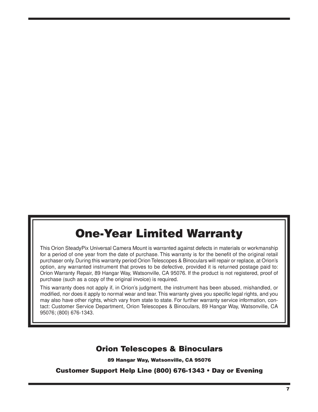 Orion 5228 instruction manual One-Year Limited Warranty 