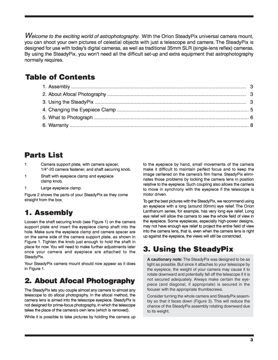 Orion 5228 instruction manual Table of Contents, Parts List, Assembly, About Afocal Photography, Using the SteadyPix 