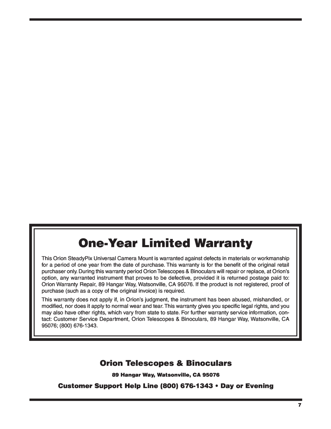 Orion 5228 instruction manual One-Year Limited Warranty, Orion Telescopes & Binoculars, Hangar Way, Watsonville, CA 