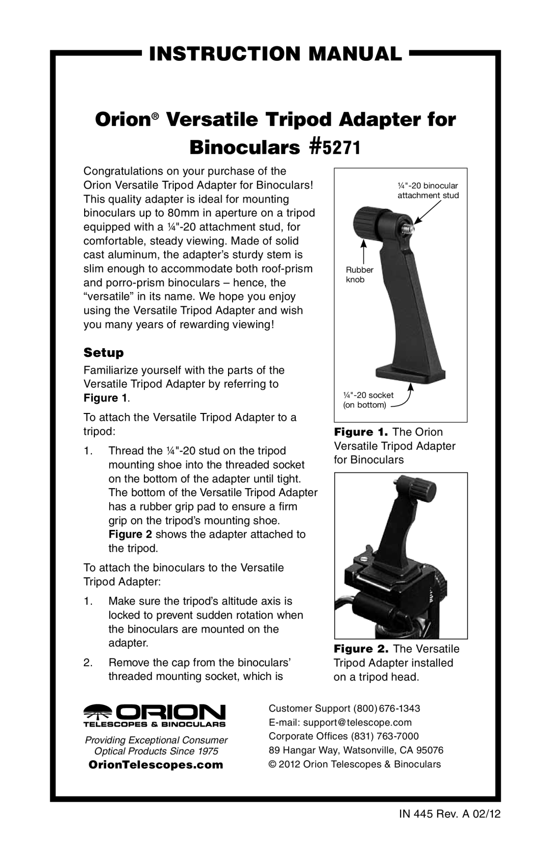 Orion instruction manual Orion Versatile Tripod Adapter for Binoculars #5271, Setup 