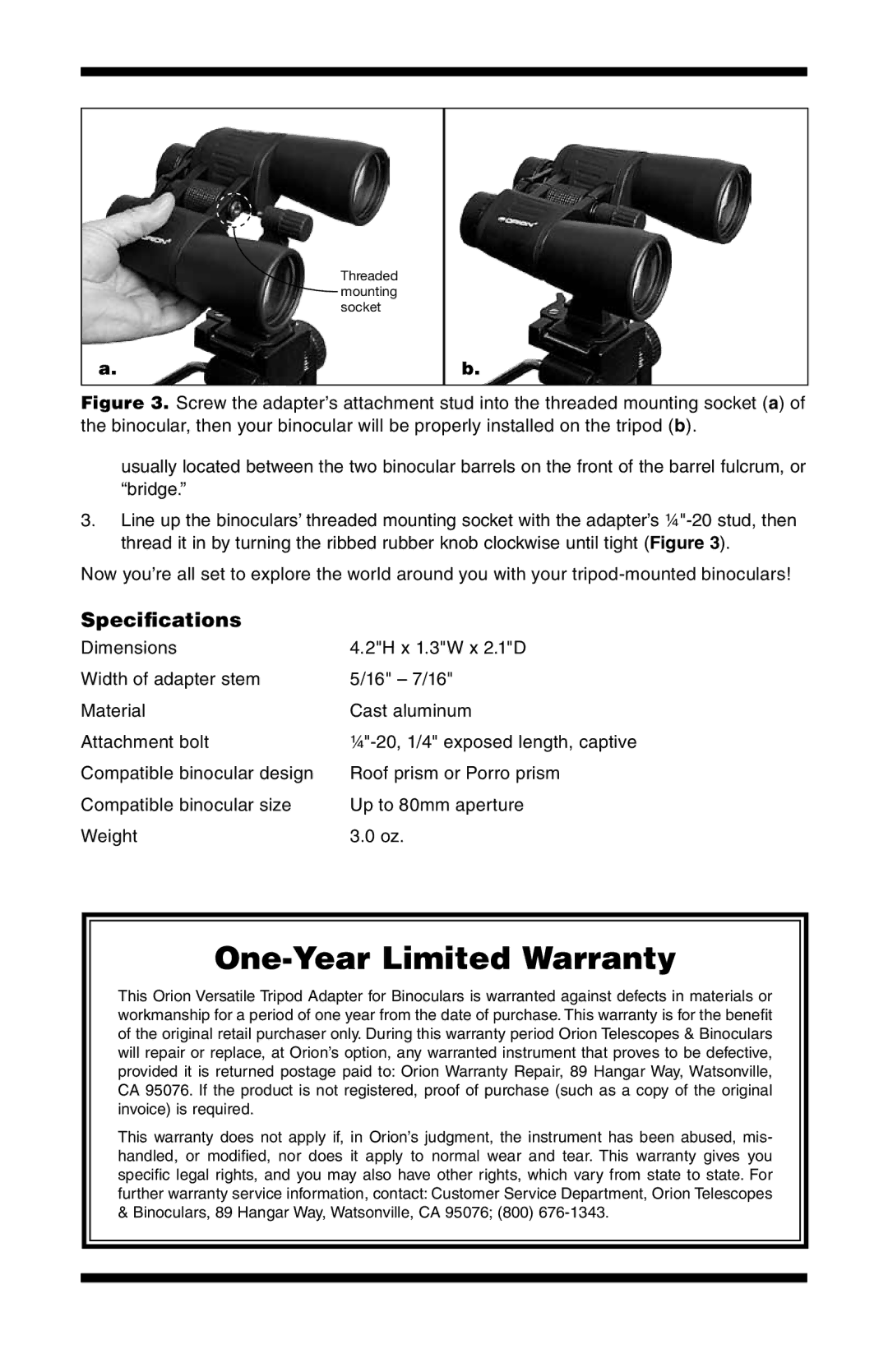 Orion 5271 instruction manual One-Year Limited Warranty, Specifications 