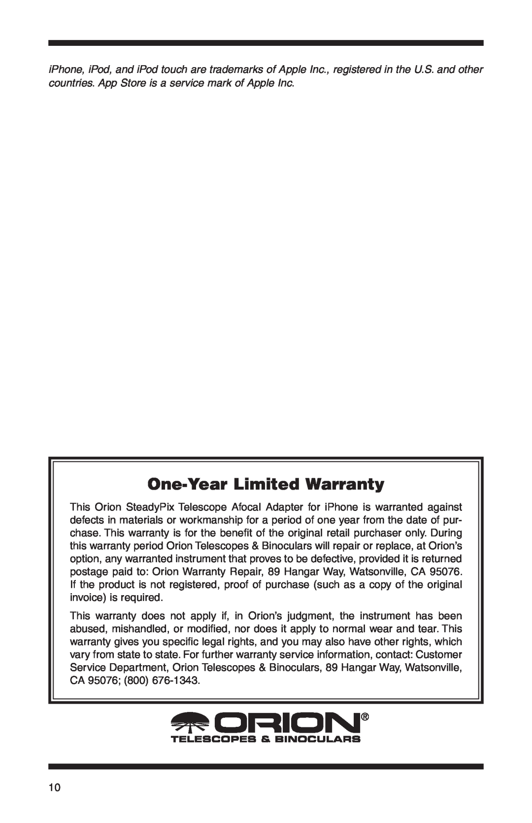 Orion 5303 instruction manual One-Year Limited Warranty 