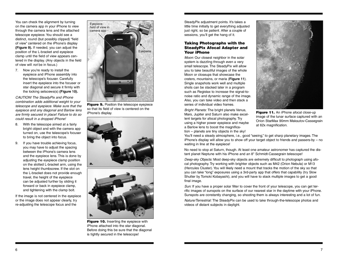 Orion 5303 instruction manual Taking Photographs with SteadyPix Afocal Adapter Your iPhone 