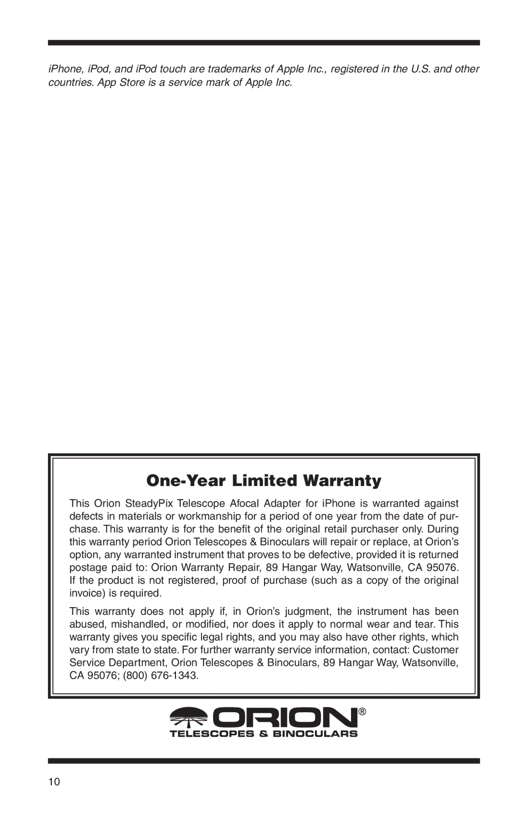 Orion 5303 instruction manual One-Year Limited Warranty 