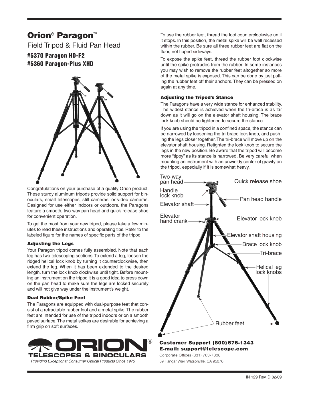 Orion 5370, 5360 manual Orion Paragon, Adjusting the Legs, Dual Rubber/Spike Feet, Adjusting the Tripod’s Stance 