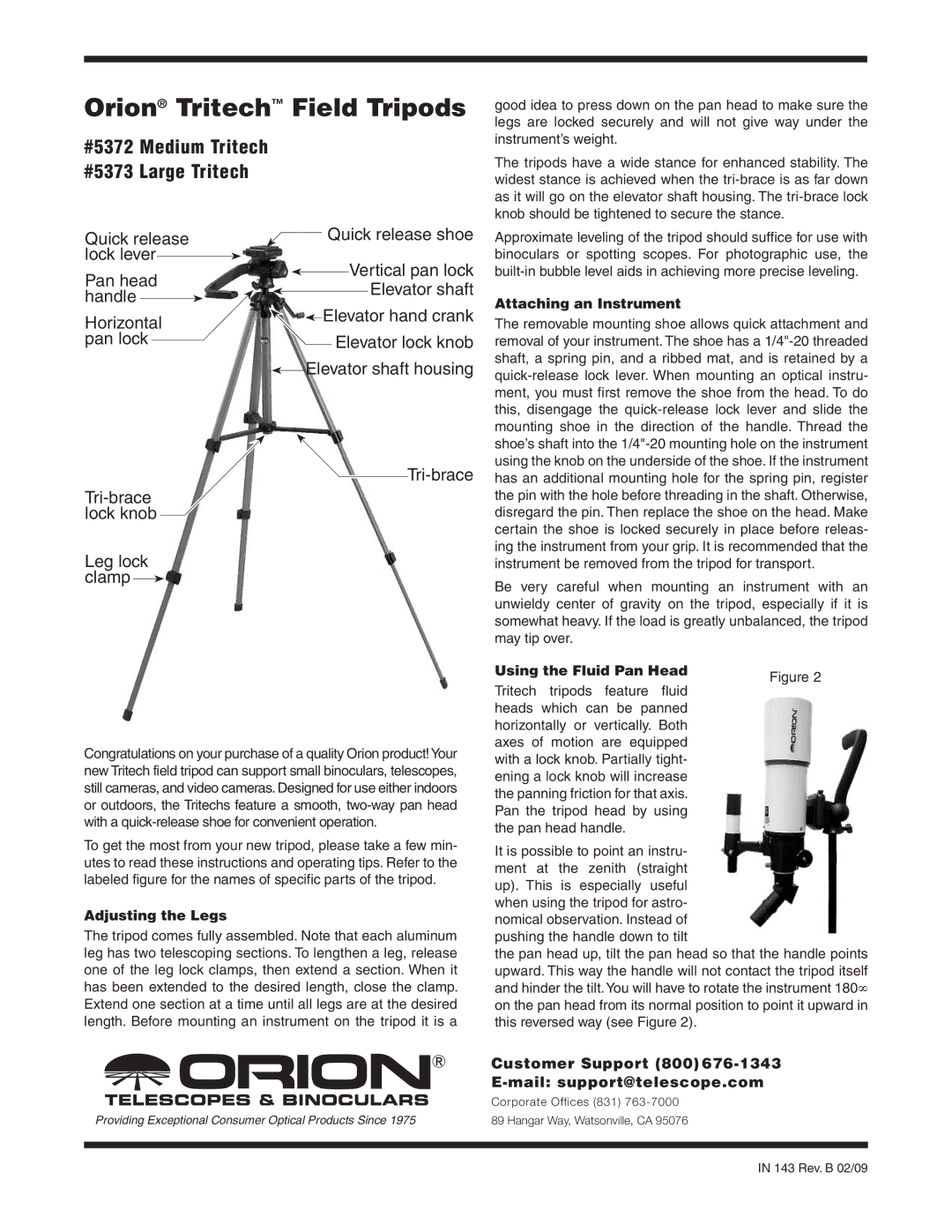 Orion 5372, 5373 manual Orion Tritech Field Tripods, Adjusting the Legs, Attaching an Instrument, Using the Fluid Pan Head 